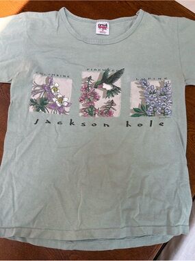 Anvil Sage Green Jackson Hole Floral & Hummingbird Graphic Tee, womens Small